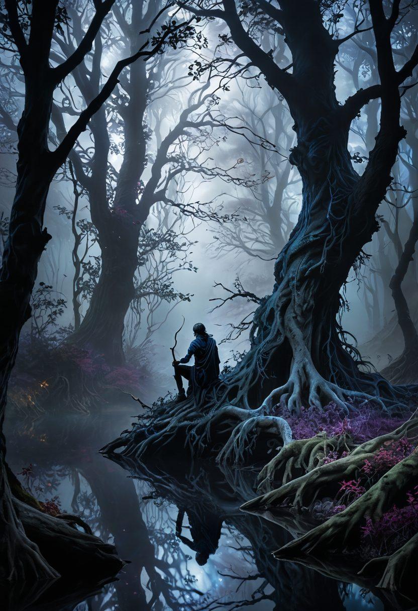 A hauntingly beautiful landscape depicting a dark, mystical forest with shadowy trees and mist weaving through the underbrush, symbolizing the depths of sadness. In the foreground, an enigmatic figure sits on a gnarled root, pen in hand, reflecting deep emotions while surrounded by ethereal wisps of fantasy. The color palette includes deep blues, muted purples, and touches of silver to evoke a somber yet captivating atmosphere. super-realistic. dark fantasy. ethereal. misty.