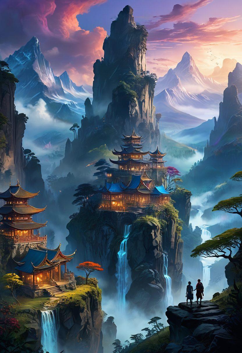 A richly detailed fantasy landscape showcasing a vast, intricate world with towering mountains, deep valleys, and diverse ecosystems. In the foreground, a diverse group of emotionally expressive characters representing various cultures, deep in conversation. The background features a mystical, ancient city with elaborate architecture, shrouded in a dreamy mist. The color palette should evoke strong emotions, with a mix of vibrant and subdued tones. painting. epic fantasy style. 