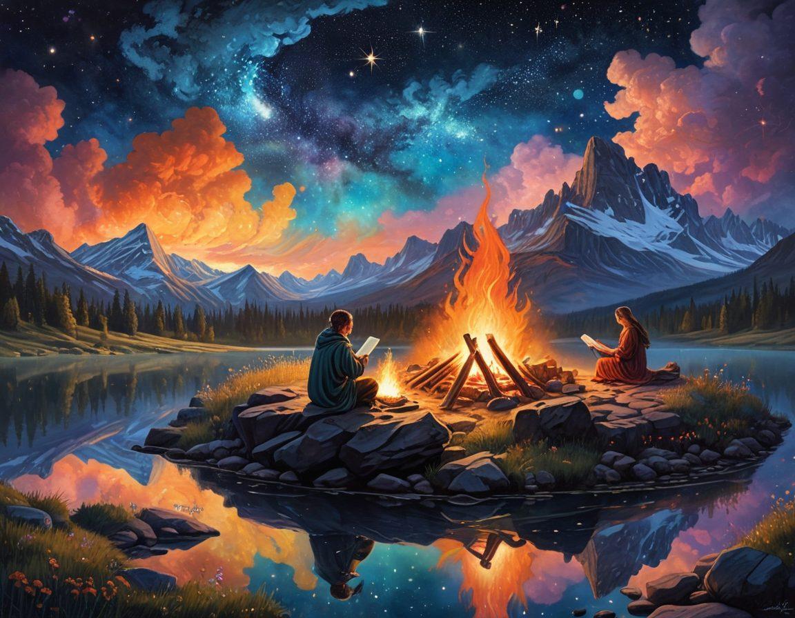 A mystical landscape where a lone storyteller sits by a flickering campfire, weaving tales of ancient epics. Shadows of mythical creatures dance around, symbolizing the depth of narratives. Books float like clouds above, each emanating a soft glow, representing Erikson's intricate storytelling. The night sky is filled with constellations shaped like characters from the stories, reflecting the authorial voice. ethereal, vibrant colors, dreamy atmosphere.